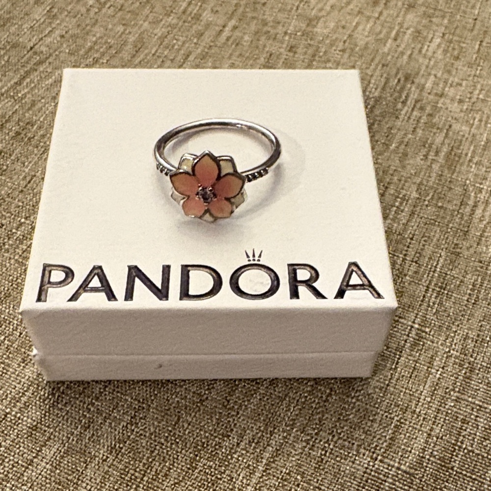 Pandora Silver and Pink Floral Enamel Ring